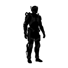 Fototapeta premium Silhouette of a futuristic soldier standing with advanced armor 