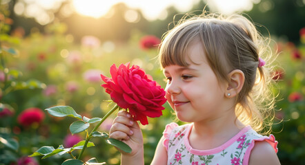 Smiling girl with earrings holding red rose flower in garden with natural sunlight. Nature appreciation and flower discovery concept for spring activities and gardening