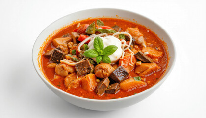 A vibrant bowl of stew features tender chicken, colorful vegetables, and a dollop of creamy sauce.  The rich tomato broth and fresh basil add a delightful touch.