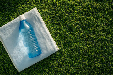 plastic bottle of water on a towel on the lawn