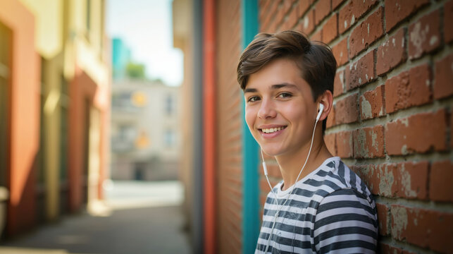 Teen boy with earphones smiling against brick wall while holding smartphone outdoors. Youth technology use for music streaming and digital entertainment