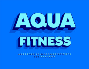 Vector Sports emblem Aqua Fitness. Bright Blue 3D Font. Classic Uppercase Alphabet Letters and Numbers set.