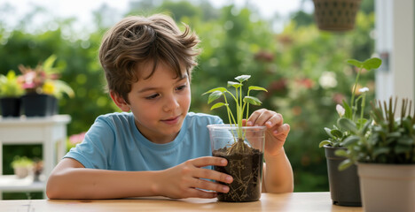 Focused boy in light blue shirt examining small green plant seedling in clear glass container. Scientific observation and plant biology concept for educational activities