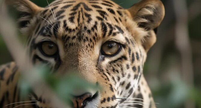 Powerful jaguar peering intently through dense rainforest foliage, remaining perfectly camouflaged and alert in pristine Amazon wilderness