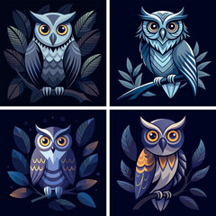 Obraz premium Stylish Owl Vector Set with Unique Feather Patterns and Dark Atmosphere