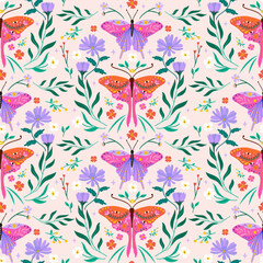 Whimsical Butterfly and Wildflower Seamless Pattern in Pink, Purple & Green. Folk-inspired design for spring and summer textiles, kids apparel, fabric, nursery decor, stationery, wallpaper. 