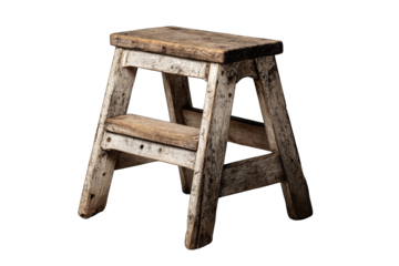 A weathered, rustic wooden step stool, showing age and wear, is presented against a black background.  Its simple A-frame design is clearly visible