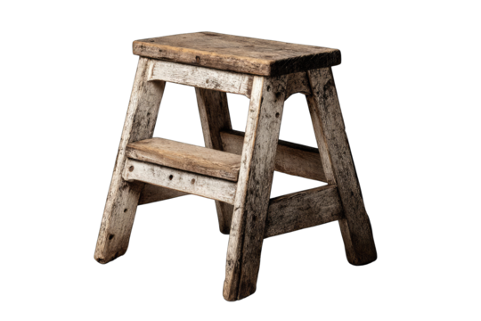 A weathered, rustic wooden step stool, showing age and wear, is presented against a black background.  Its simple A-frame design is clearly visible