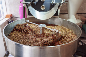 Freshly roasted coffee beans are cooling