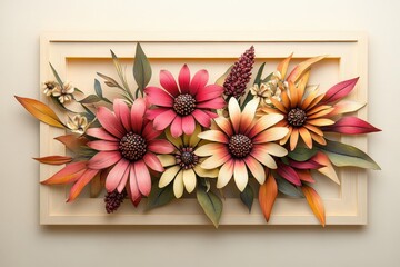 A decorative arrangement of paper flowers and leaves in a light wooden frame.