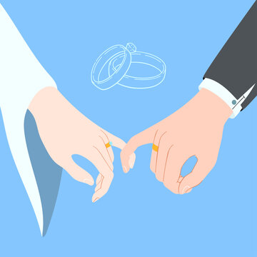 Couple's hands in a gentle touch, adorned with wedding rings, symbolizing love and commitment on a serene blue background