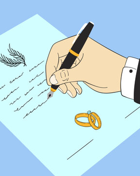 Hand writing on a legal document with a fountain pen, next to a pair of golden wedding rings, symbolizing marriage, commitment, and signing an important agreement or contract