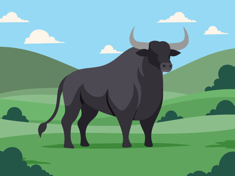 Illustration of a powerful black bull standing majestically in a vibrant green pasture under a partly cloudy sky