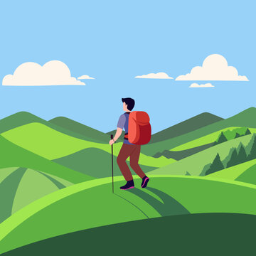 Colorful illustration of a person enjoying a refreshing hike through scenic green hills, showcasing an active outdoor lifestyle and the beauty of nature's landscapes