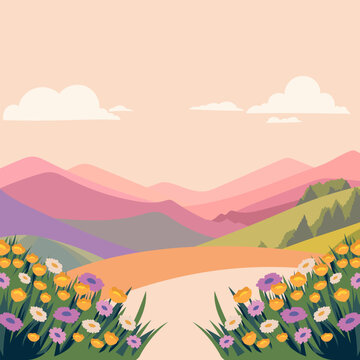 A pictures and serene spring landscape illustration featuring a vibrant field of wildflowers, rolling hills, and distant mountains under a peaceful pastel sky, inviting tranquility and natural beauty