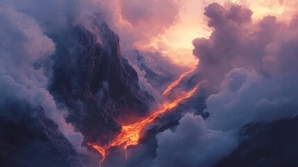 Fototapeta premium Volcanic eruption, fiery mountain, clouds