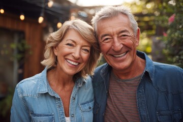 Happy elderly couple standing outdoors in natural sunlight, smiling together