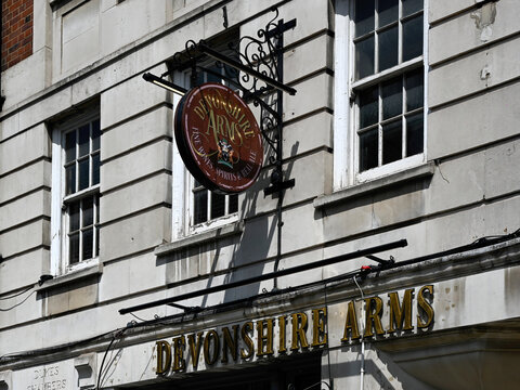 LONDON, UK - MAY 31, 2025:  Sign outside Devonshire Arms in Duke Street, Marylebone