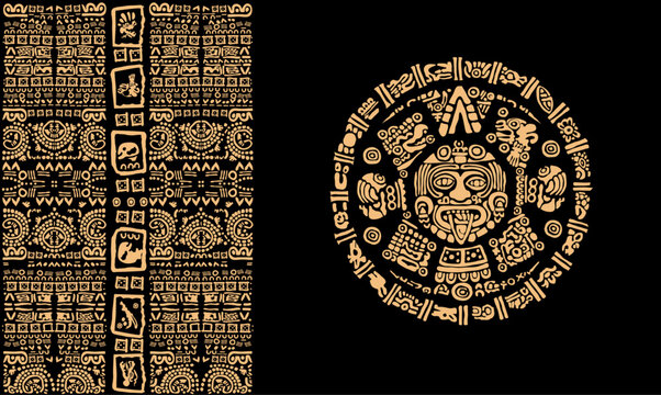 Frame in the style of ancient symbols of the Mayan and Aztec civilizations. Ancient Mayan calendar. Vector illustration on black background
Images of characters of ancient American Indians.