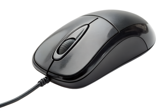 black computer mouse isolated on transparent background