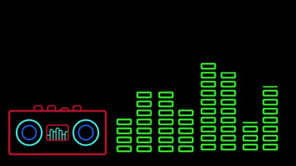 Animated compact neon boombox with audio levels rising and falling in sync with beat, ideal for upbeat media or nostalgic edits - Powered by Adobe