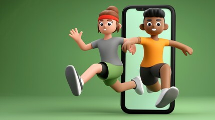 Two animated characters are leaping out from a smartphone displaying a fitness app, showcasing their excitement for an active lifestyle while encouraging motivation and movement