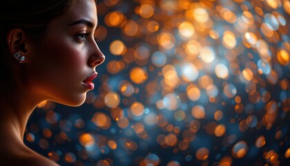 create a captivating photo featuring a beautiful shiny abstract background with bokeh and sequins, set against a stormy flash, position your subject on the left side of the image