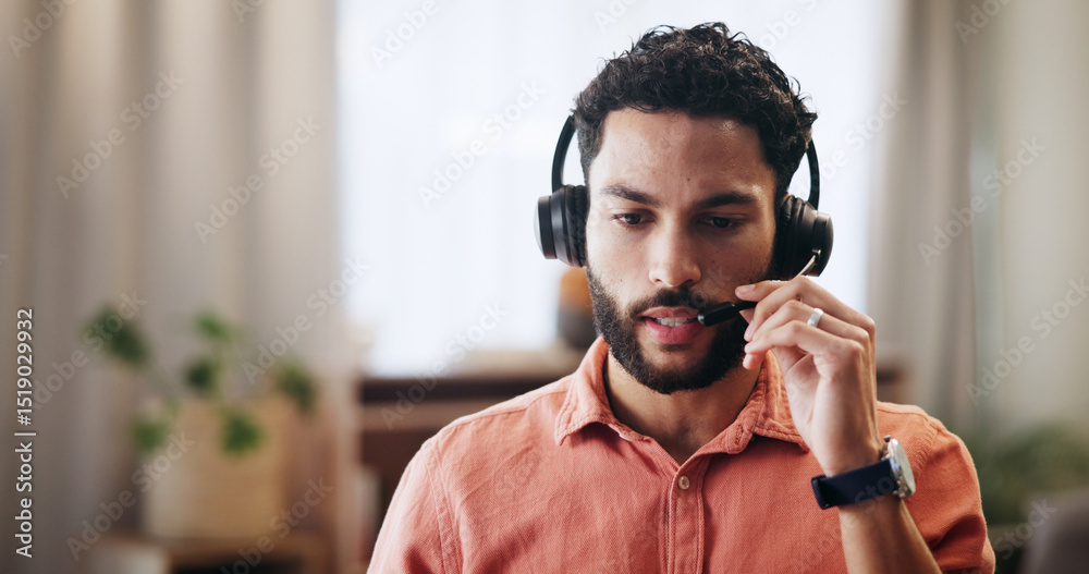 Poster Man, headset and conversation in home for remote work, virtual assistant for help or communication. Male person, call center and customer service hotline with agent, talk and explanation for support