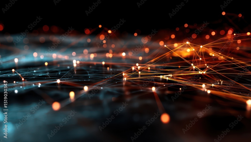 Poster big data displayed on a science grid, with particles and glowing connections to represent complex da