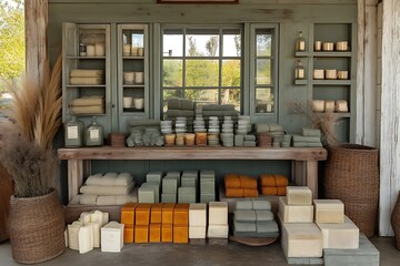 Display of natural soaps and bath products in a rustic shop.