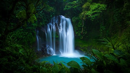 Waterfall cascading into a turquoise pool surrounded by lush green vegetation and dense rainforest trees