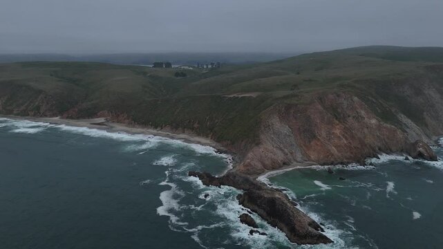 View of Point Reyes National Seashore Coastline Rugged Cliffs and Pacific Ocean Waves 4K Aerial Drone Video