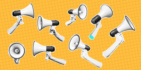Several megaphones held by hands in a pop art style against an orange grid pattern This design represents communication and marketing in a vibrant manner