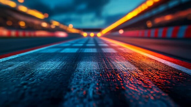 Abstract perspective view of a racetrack with night lights and wet asphalt surface
