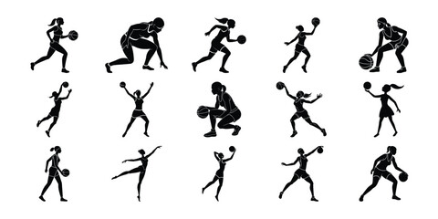 Vector images of female basketball silhouettes.
