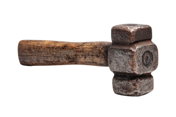 A weathered, worn wooden-handled hammer with a heavy, octagonal head shows signs of extensive use and age.  The metal head exhibits rust and discoloration