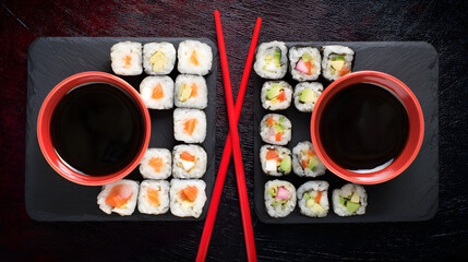 Soy sauce bowl with sushi rolls on slate plates - minimalist Japanese cuisine elegance