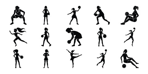 Vector images of female basketball silhouettes.