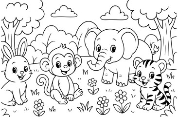 Cute coloring page featuring a bunny, monkey, elephant, and baby tiger playing in a forest. Perfect for preschool and kindergarten kids to enjoy coloring.