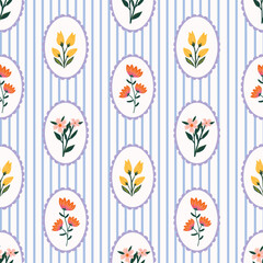 Vector cottagecore floral seamless pattern on pastel blue stripe background. Colorful hand-drawn flowers surface design for fabrics, wallpaper, textile print, gift wrap. home decor.