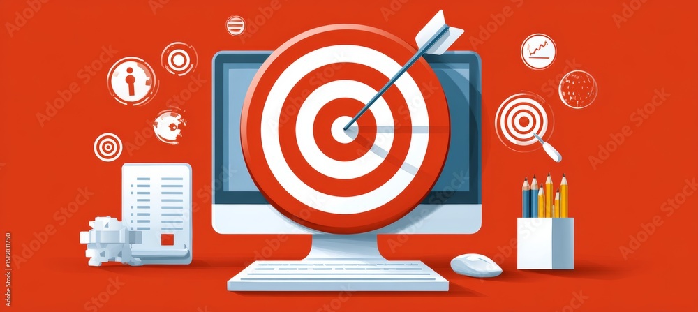 Poster Business target dart and computer. Focus aim for success achievement. Generative AI technology.	
