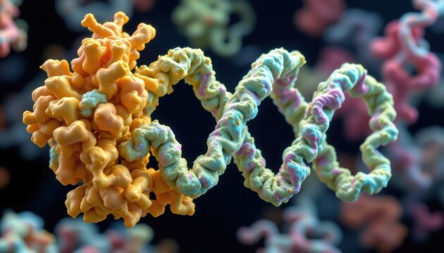create a 3d rendering of a protein plex with alk and tyrosine kinase domains shown interacting with crizotinib inhibitor