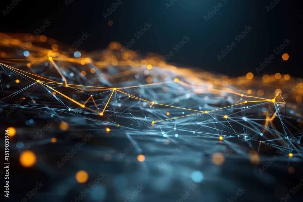 Poster digital grid network with vibrant, glowing nodes visualizing the flow of futuristic data systems.