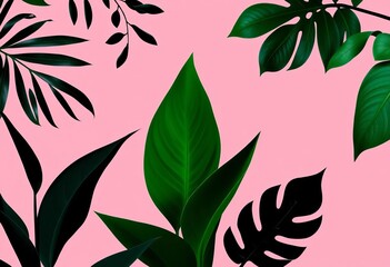Pink background, minimalist silhouette collage of sansevieria, spathiphyllum, ficus leaves,  art,  modern