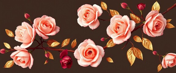 Peach & burgundy rose branches with gold leaf accents; romantic botanical wedding/Valentine's illustration,  template,  graphic