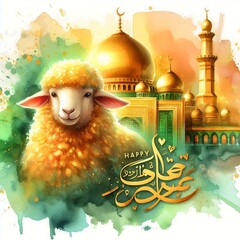 Eid al-Adha Celebration with Sheep and Mosque