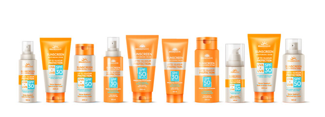Assorted sunscreen bottles displayed in a row. Bright orange and blue packaging. SPF 30 and 50 options available. Waterresistant, safe protection. Ideal for sun care.