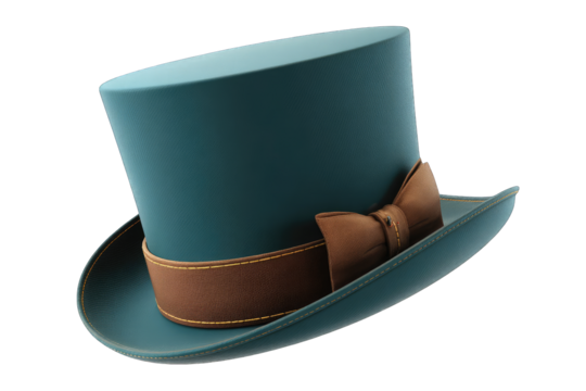 A teal top hat with a brown leather band and bow, rendered in a smooth, 3D style, is shown at a slight angle