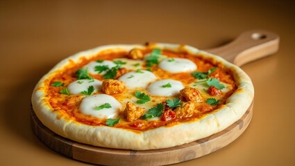 Delight in a savory chicken tikka pizza, generously topped with rich mozzarella and fresh coriander.