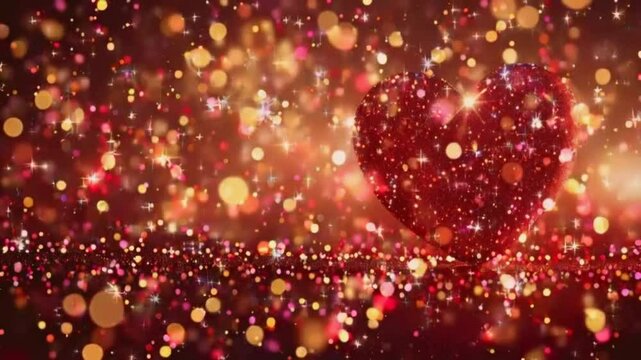 Sparkling red heart on a glitter background with bokeh lights.